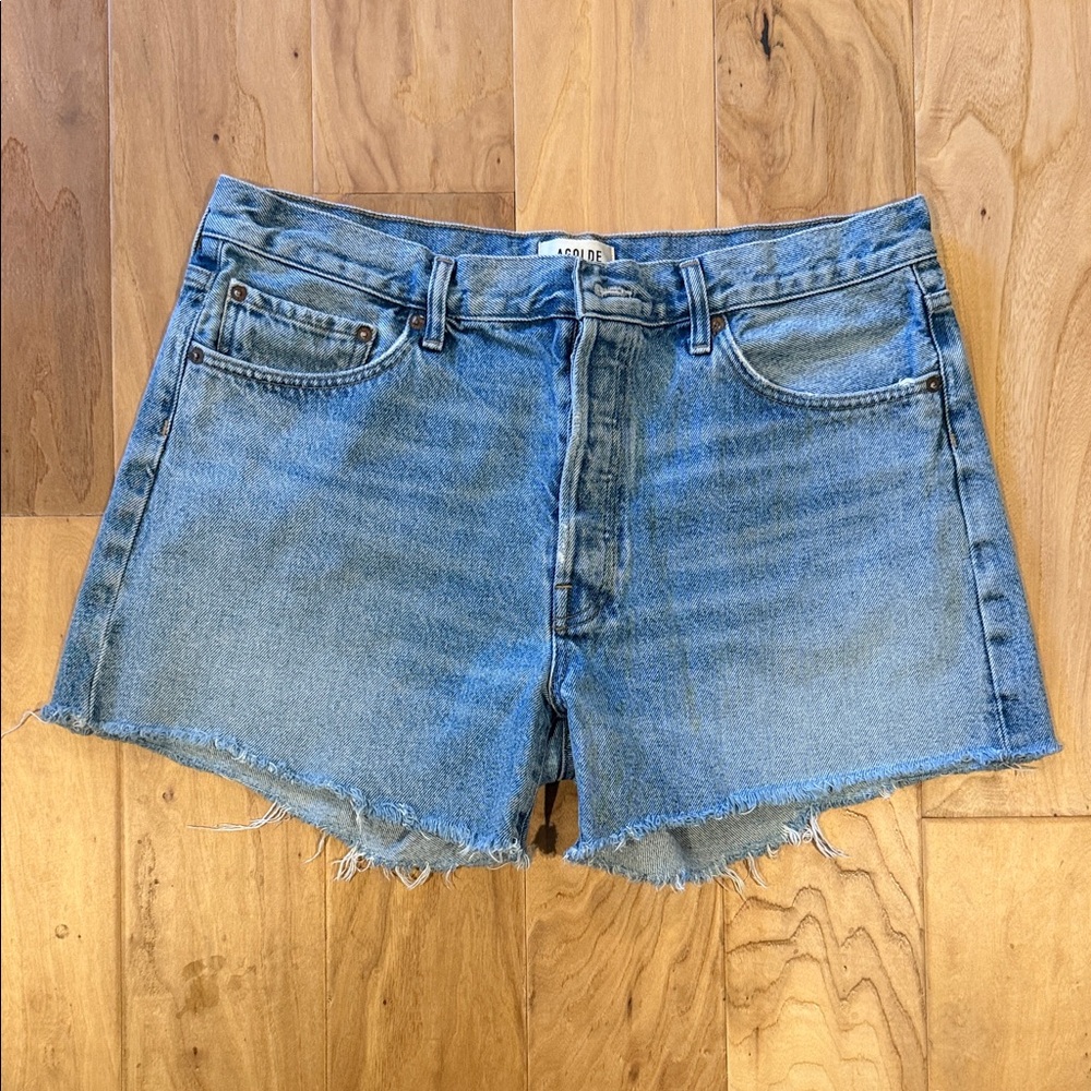 Agolde Parker Long Blue Denim Cutoff Shorts